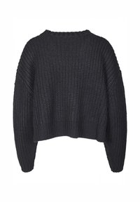 Pull noir en grosse maille avec manches longues, poignets et ourlet côtelés, et un col rond, vu de dos.