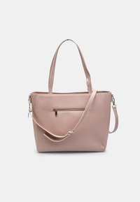 Lichtroze tote bag van synthetisch leer, met twee handvatten en een afneembare schouderriem. Voorzien van een voorzak met rits.