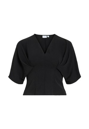 Blouse noire à col en V avec des manches larges et froncées jusqu'au coude et une taille ajustée, présentée sur fond blanc.