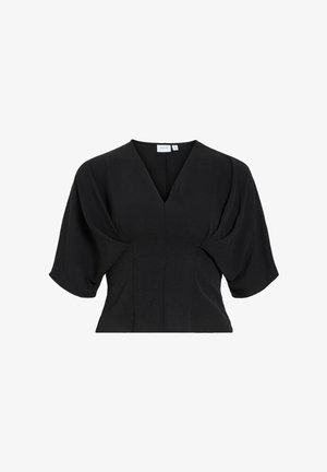 Blouse noire à col en V avec des manches larges et froncées jusqu'au coude et une taille ajustée, présentée sur fond blanc.