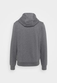 Sweat à capuche gris à manches longues vu de dos avec poignets et ourlet côtelés, design épuré, sans logos ni motifs visibles.