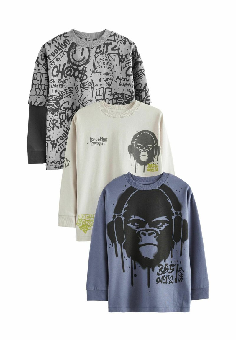 Next GRAPHIC 3 PACK REGULAR FIT - T-shirt à manches longues - blue grey cream gorilla