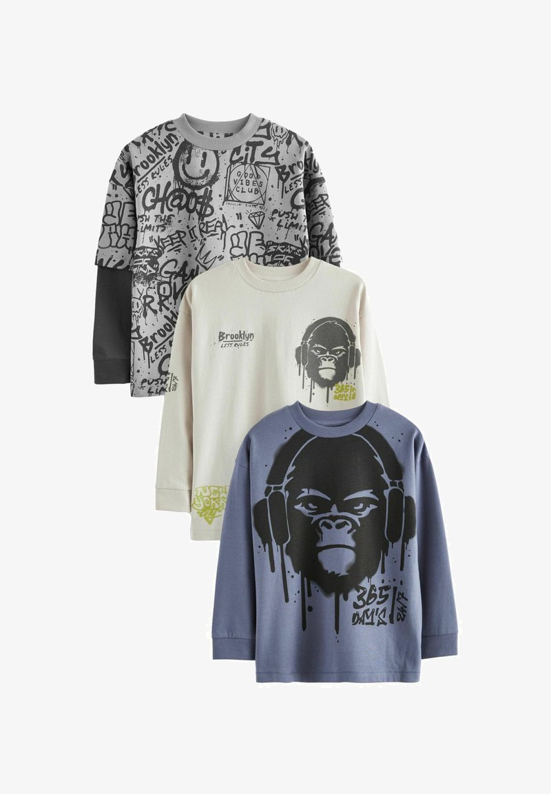 Next GRAPHIC 3 PACK REGULAR FIT - Top dugih rukava - blue grey cream gorilla