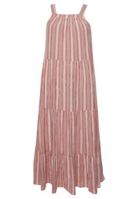 Abito maxi con spalline sottili, caratterizzato da strisce verticali rosse e beige, design a strati e una texture di tessuto leggera.