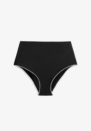 Black high-waisted bikini bottom with white trim along the leg openings, displayed on a white background.