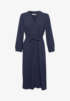 Tumedane sinine kleit tekstureeritud kangast, millel on V-kaelus, pikad varrukad elastsete mansettidega, nööpide ees ja vöökoht.