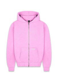 Rosa zip-up hoodie med en frontkangaroo-lomme, elastiske manchetter og bund, samt en hætte med snøre. Stoffet har en glat, blød tekstur.