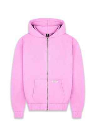 Pink zip-up hoodie with a front kangaroo pocket, elastic cuffs and hem, and a drawstring hood. Fabric has a smooth, soft texture.