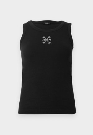 Czarny top na ramiączkach wykonany z prążkowanej tkaniny, z okrągłym dekoltem i haftowanym logo "JOOP!" z kwiatowymi akcentami na klatce piersiowej.