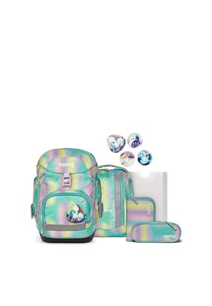 Set di zaini colorati in tonalità pastello con spille a tema unicorno, comprensivo di uno zaino, borsa per il pranzo, cartella, astuccio e spille rotonde.