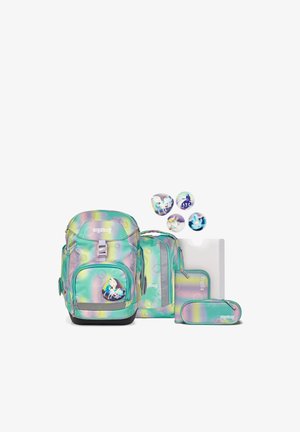 Set di zaini colorati in tonalità pastello con spille a tema unicorno, comprensivo di uno zaino, borsa per il pranzo, cartella, astuccio e spille rotonde.