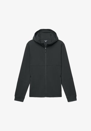 Giacca con cappuccio e zip in colore grigio scuro, realizzata in materiale morbido ed elastico. Presenta tasche laterali con zip e un design minimalista con dettagli di cuciture.