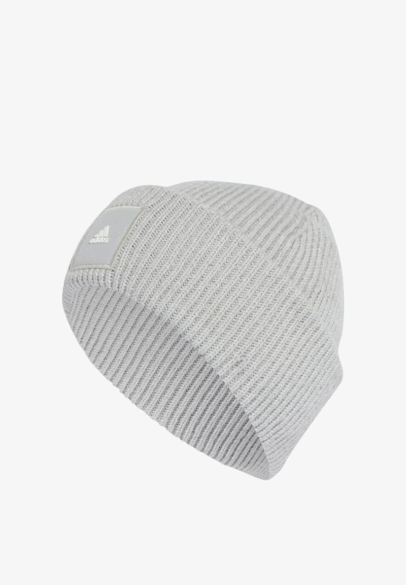 Gray knit beanie hat with a ribbed texture. Features a white rectangular patch with an embossed logo. Soft fabric and relaxed fit.