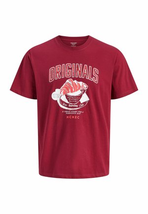 T-shirt en coton rouge à manches courtes, avec un imprimé graphique d'un croissant et le texte "ORIGINALS". Coupe décontractée et col ras du cou.