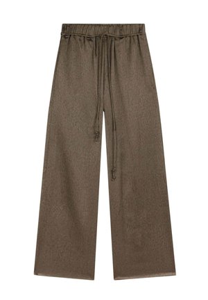 Široké kalhoty v olivově zelené barvě, vyrobené z měkké, texturované tkaniny. S elastickým pasem se stahovací šňůrkou a bočními kapsami.