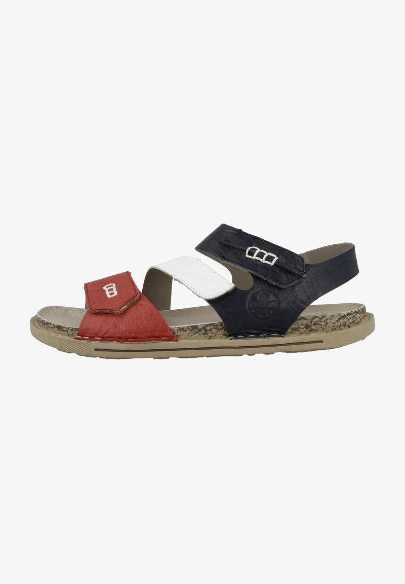 Sandaale mit drei Riemen aus synthetischem Material in Rot, Weiß und Schwarz, mit strukturiertem Fußbett und hellbrauner Gummisohle. Mit Klettverschlüssen.