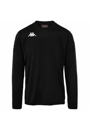 T-shirt de sport noir à manches longues, fabriqué en tissu lisse, arborant un logo blanc sur la poitrine et des accents discrets aux épaules.