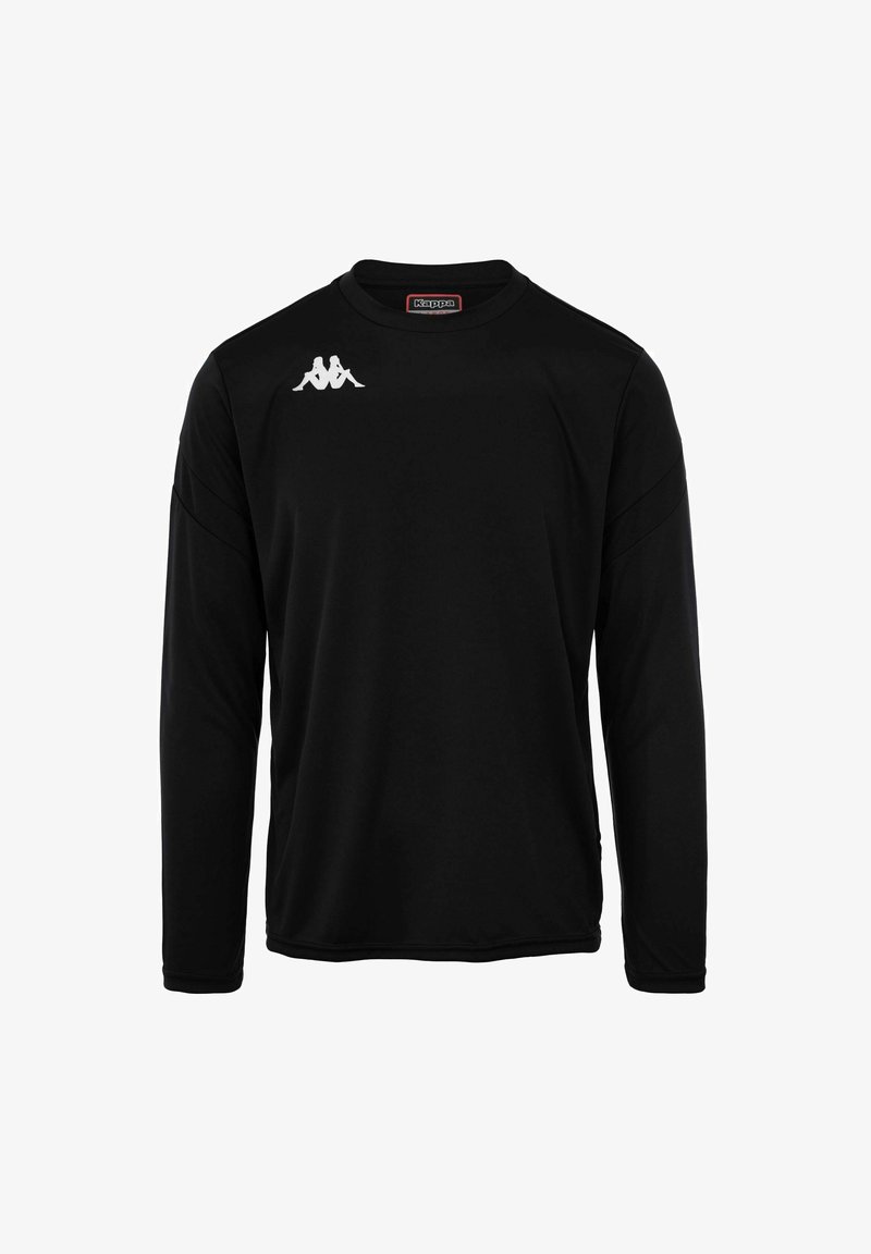 T-shirt de sport noir à manches longues, fabriqué en tissu lisse, arborant un logo blanc sur la poitrine et des accents discrets aux épaules.