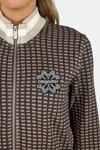 Hnedá bomber bunda so vzorom, s béžovým pruhovaným golierom a strieborným zipsom. Obsahuje vyšívané hviezdne logo na hrudi.