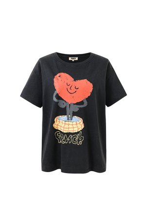 Black T-shirt with a smiling red heart character standing in a yellow and blue nest, with "FRNCH" text below the design.