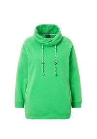 Sweat-shirt vert vif à manches longues avec un col montant et des cordons blancs agrémentés de perles en bois aux extrémités.