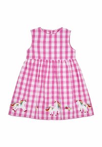 Vaaleanpunainen ruudullinen mekko ilman hihoja, jossa on brodeerattuja yksisarvisia ja kukkakoristeita helmassa. Aaltomainen kaula-aukko ja vyötärö.