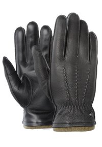 Guanti in pelle nera con una texture liscia, dotati di cinque dita, un design cucito sul retro e una fodera morbida al polso.
