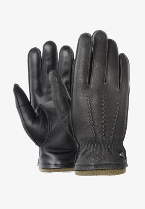 Gants en cuir noir avec une texture lisse, comportant cinq doigts, un design cousu au dos et une doublure douce au niveau du poignet.
