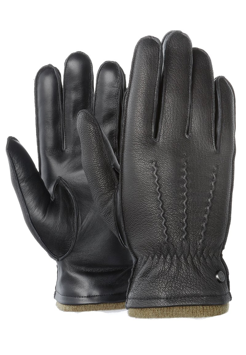 Guanti in pelle nera con una texture liscia, dotati di cinque dita, un design cucito sul retro e una fodera morbida al polso.
