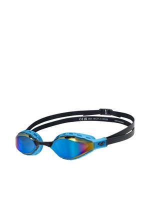 Blauwe zwembril met gespiegelde lenzen en zwarte bandjes, voorzien van een getextureerd blauwe rand en verstelbare verbindingselementen.