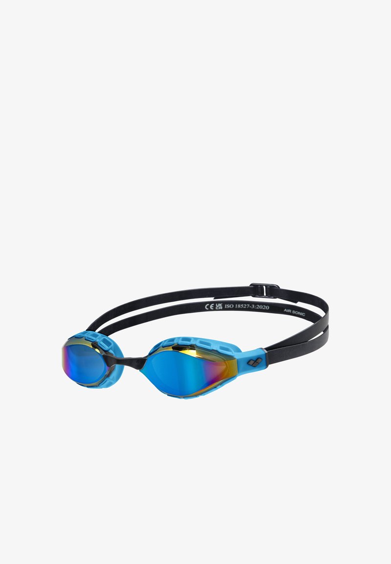 Gafas de natación azules con lentes espejadas y correas negras, con un marco azul texturizado y conectores ajustables.