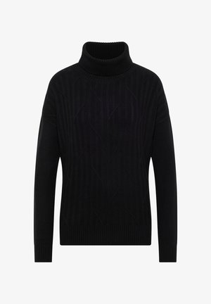 Zwarte coltrui met een geribbelde textuur, voorzien van verhoogde verticale patronen en lange mouwen. Zacht gebreid materiaal en aansluitende boorden.