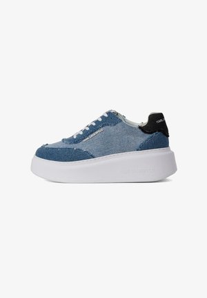 Low-top sneaker with layered blue denim panels, white thick sole, white laces, and black heel tab branded "Karl Lagerfeld."