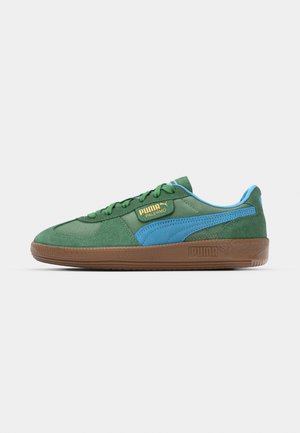 Sneaker in camoscio verde con dettagli azzurri, caratterizzata da una suola in gomma marrone e branding dorato. Design classico a profilo basso con lacci e collarino imbottito.