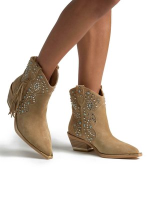 Botines de ante marrón con punta afilada, adornados con tachuelas plateadas y azules, con un diseño de flecos y tacones bajos apilados.