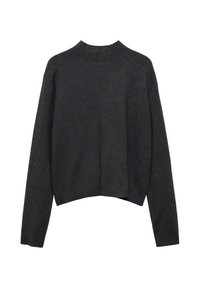Mørkegrå cropped sweater med ribbet høj hals og lange ærmer. Glat tekstur, enkelt design, ingen mønstre eller accenter.