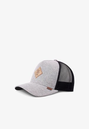 Gray fabric and black mesh baseball cap with a leather diamond-shaped logo patch on front and small leather brand tag on the brim.