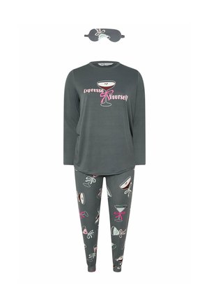 Grau meliertes Langarm-Schlafanzugset mit einem grafischen Druck von Cocktails und Schleifen, kombiniert mit einer passenden Schlafmaske. Weiches Material und lockere Passform.