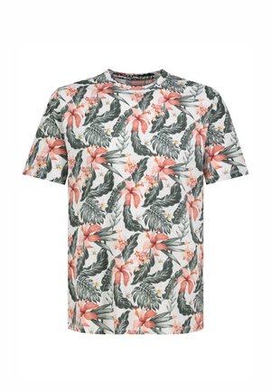 Kurzärmeliges weißes T-Shirt mit Muster aus grünen tropischen Blättern und großen pink-orangen Hibiskusblüten.