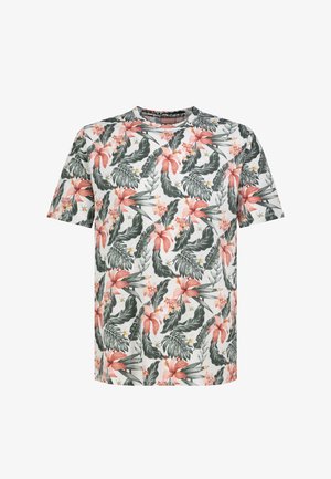 Kurzärmeliges weißes T-Shirt mit Muster aus grünen tropischen Blättern und großen pink-orangen Hibiskusblüten.