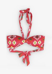 Czerwony biustonosz bikini w wzory z węzłem na ramiączkach i regulowanymi troczkami. Posiada jasne żółte i zielone motywy w diamenty na gładkim materiale.