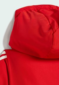 Chaqueta acolchada roja con capucha adjunta y franjas blancas en el hombro, vista desde la parte trasera sobre un fondo blanco.