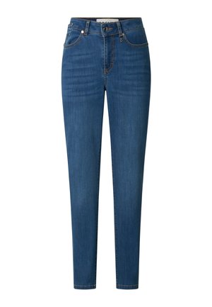 Blue high-waist skinny jeans with front button and zipper, front and back pockets, and contrast stitching detail.