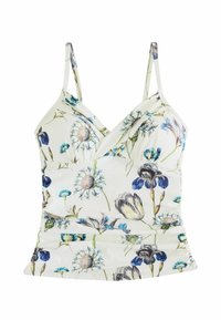 Weißes Tanktop mit Blumenmuster, dünnen Trägern, V-Ausschnitt und Raffung an der Taille. Blumen in Blau- und Grüntönen.