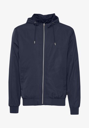 Marineblaue Zip-Jacke mit Kapuze, elastischen Bündchen und Saum. Hat eine glatte Textur und Seitentaschen und besteht aus leichtem Material.