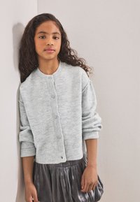 Cardigan grigio lavorato a maglia con scollo rotondo e chiusura anteriore con bottoni, caratterizzato da polsini e orlo inferiore a coste, abbinato a una gonna plissettata argentata.