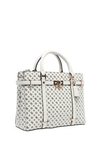 Borsa bianca con un design a motivo, dotata di hardware dorato, forma strutturata, doppio manico e dettaglio charm removibile.