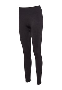 Czarne legginsy wykonane z elastycznego materiału, z wysokim stanem i gładką teksturą. Brak widocznych wzorów i elementów metalowych.