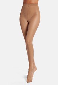 Collant color nude a vita alta realizzati in materiale trasparente, con una texture liscia e un design senza cuciture, che coprono le gambe dalla vita fino alle dita dei piedi.