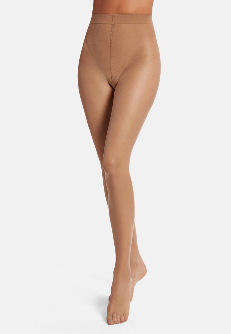 Collant color nude a vita alta realizzati in materiale trasparente, con una texture liscia e un design senza cuciture, che coprono le gambe dalla vita fino alle dita dei piedi.